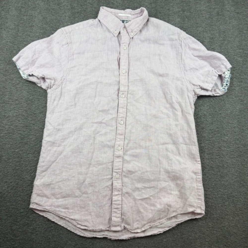 Denim & Flower Button Down Shirt Men's Small Purple Linen Short Sleeve Palm Tree